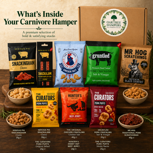 Carnivore Snacks Hamper | 8 Assorted Pub Snacks Gift with Pork Crackling, Salami Sticks, Chicken Crackling & Curators Pork Puffs