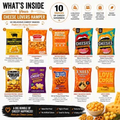 Ultimate Assorted Cheese Snacks Hamper - 10 Premium Variety of Cheese Crisps, Ollys Pretzel Thins, Crackers & Snacking Cheese Bites Bundle | Gourmet Cheesy Snacks Gift Set