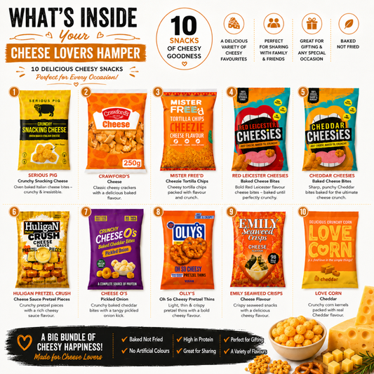 Ultimate Assorted Cheese Snacks Hamper - 10 Premium Variety of Cheese Crisps, Ollys Pretzel Thins, Crackers & Snacking Cheese Bites Bundle | Gourmet Cheesy Snacks Gift Set