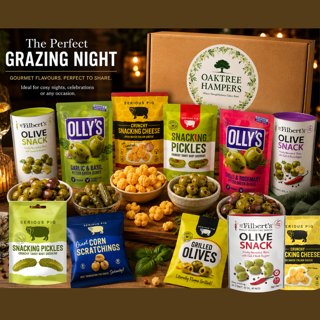 Gourmet Savoury Snacks Grazing Hamper - 11 Premium Healthy Olive Snacks, Snacking Pickles & Gherkins with Snacking Cheese & Corn Scratchings