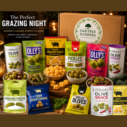 Gourmet Savoury Snacks Grazing Hamper - 11 Premium Healthy Olive Snacks, Snacking Pickles & Gherkins with Snacking Cheese & Corn Scratchings