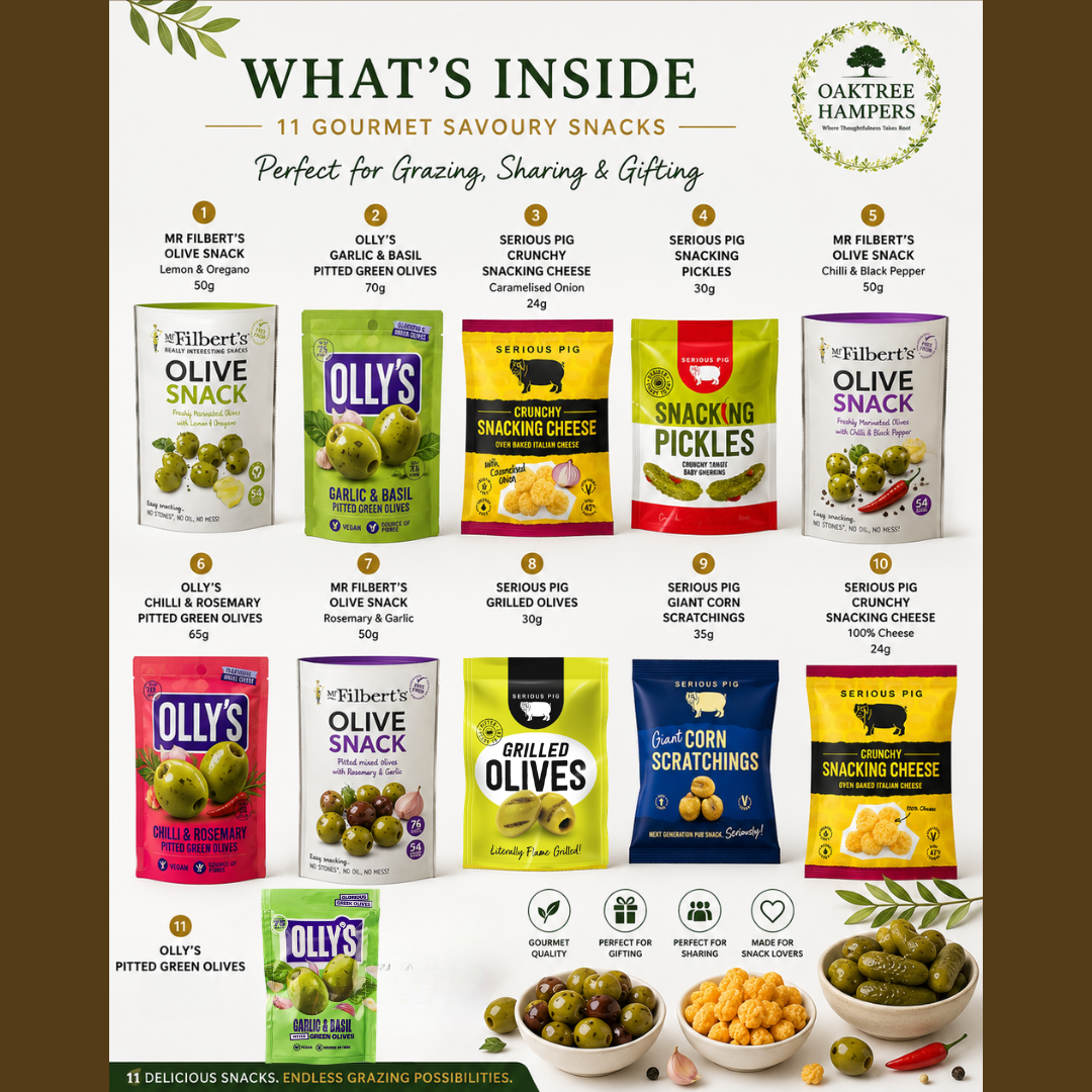 Gourmet Savoury Snacks Grazing Hamper - 11 Premium Healthy Olive Snacks, Snacking Pickles & Gherkins with Snacking Cheese & Corn Scratchings