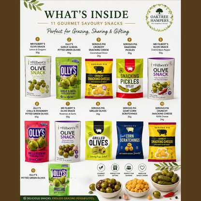 Gourmet Savoury Snacks Grazing Hamper - 11 Premium Healthy Olive Snacks, Snacking Pickles & Gherkins with Snacking Cheese & Corn Scratchings