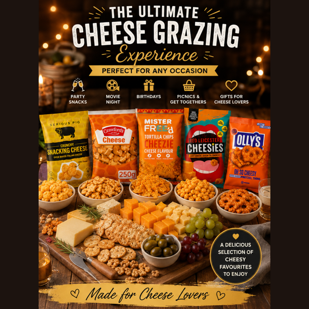 Savoury Cheese Snacks for Adults Hamper 5 Delicious Assortment of Cheesy Snacks, Crisps, Snacking Cheese, Olly Pretzel Thins & More