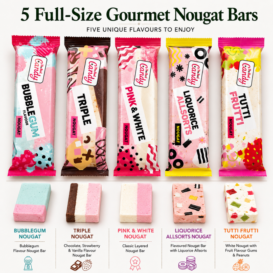 Premium Nougat Gift Box of 5 Assorted Nougat Bars Including Tutti Frutti, Liquorice Allsorts, Bubblegum, Triple Flavour & Pink & White | Soft Nougat Hamper Gift Box