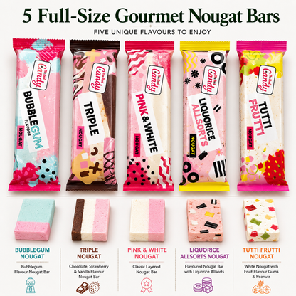 Premium Nougat Gift Box of 5 Assorted Nougat Bars Including Tutti Frutti, Liquorice Allsorts, Bubblegum, Triple Flavour & Pink & White | Soft Nougat Hamper Gift Box