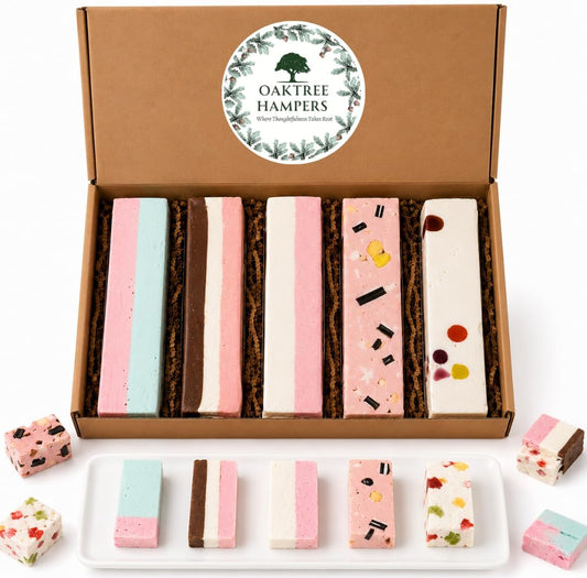 Premium Nougat Gift Box of 5 Assorted Nougat Bars Including Tutti Frutti, Liquorice Allsorts, Bubblegum, Triple Flavour & Pink & White | Soft Nougat Hamper Gift Box