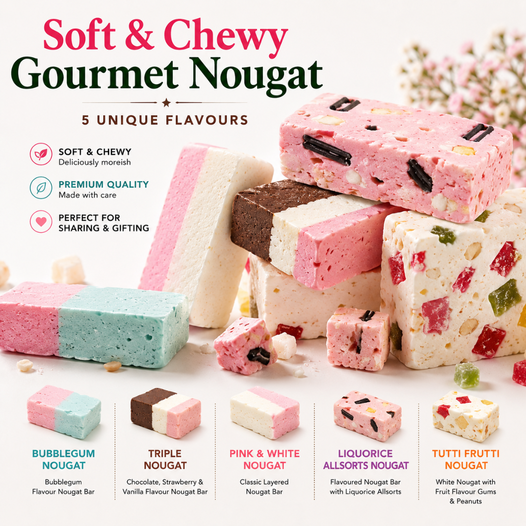 Premium Nougat Gift Box of 5 Assorted Nougat Bars Including Tutti Frutti, Liquorice Allsorts, Bubblegum, Triple Flavour & Pink & White | Soft Nougat Hamper Gift Box