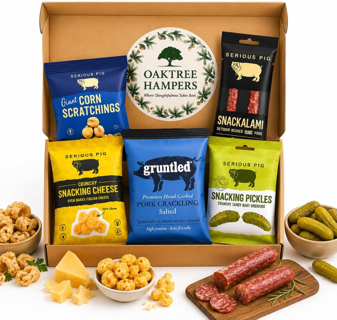Savoury Snacks Hamper Gift Set with Pork Crackling, Snacking Pickles Gherkins, Snacking Cheese Crisps & Snackalami -  Pub SnacksTreat Box & Beer Snacks Gift Set for Men