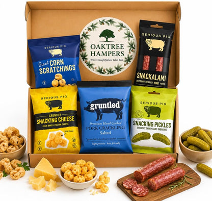 Savoury Snacks Hamper Gift Set with Pork Crackling, Snacking Pickles Gherkins, Snacking Cheese Crisps & Snackalami -  Pub SnacksTreat Box & Beer Snacks Gift Set for Men