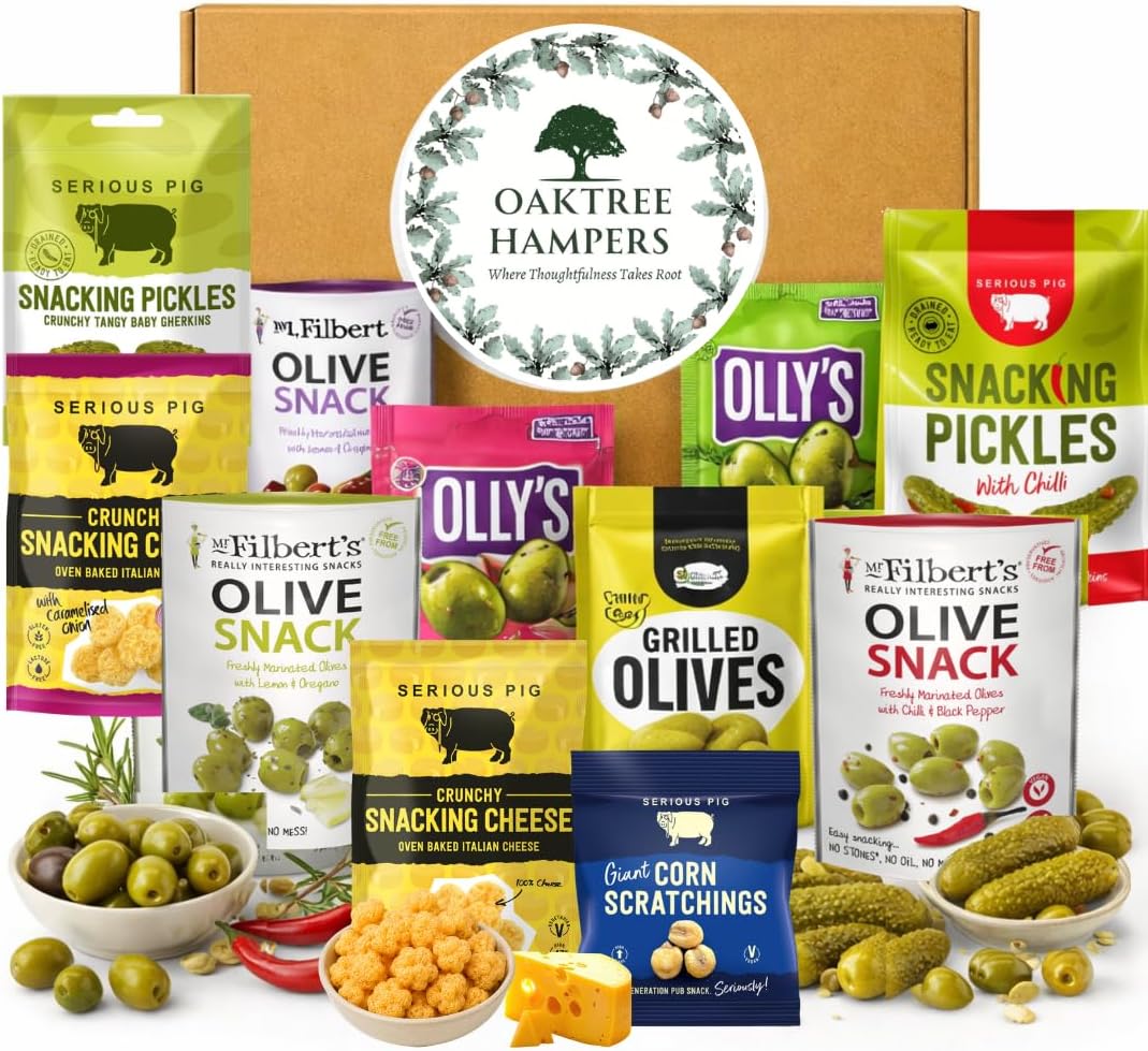 Gourmet Savoury Snacks Grazing Hamper - 11 Premium Healthy Olive Snacks, Snacking Pickles & Gherkins with Snacking Cheese & Corn Scratchings