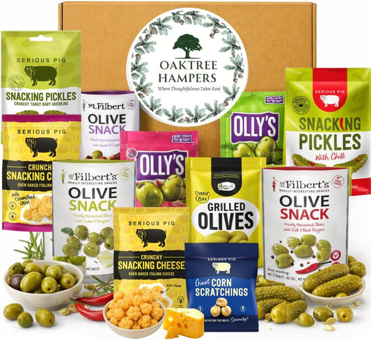 Gourmet Savoury Snacks Grazing Hamper - 11 Premium Healthy Olive Snacks, Snacking Pickles & Gherkins with Snacking Cheese & Corn Scratchings