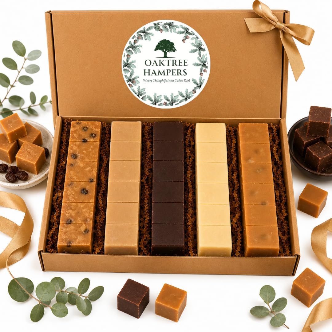 Premium Fudge Gift Set of 5 Assorted Full Size Fudge Bars Including Rum and Raisin Fudge, Clotted Cream, Chocolate, Vanilla & Salted Caramel | Fudge Hamper Gift Box for Men & Women