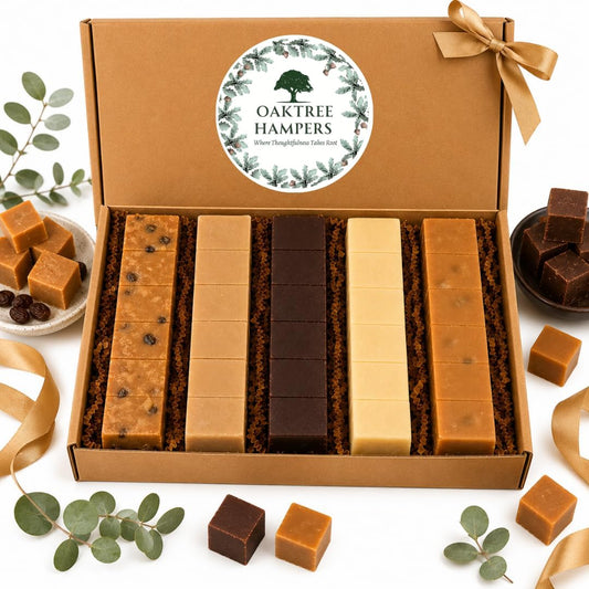 Premium Fudge Gift Set of 5 Assorted Full Size Fudge Bars Including Rum and Raisin Fudge, Clotted Cream, Chocolate, Vanilla & Salted Caramel | Fudge Hamper Gift Box for Men & Women