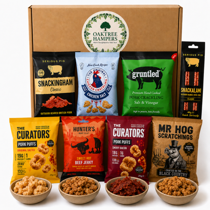 Carnivore Snacks Hamper | 8 Assorted Pub Snacks Gift with Pork Crackling, Salami Sticks, Chicken Crackling & Curators Pork Puffs