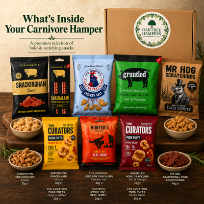 Carnivore Snacks Hamper | 8 Assorted Pub Snacks Gift with Pork Crackling, Salami Sticks, Chicken Crackling & Curators Pork Puffs