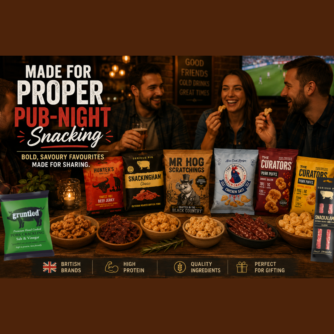 Carnivore Snacks Hamper | 8 Assorted Pub Snacks Gift with Pork Crackling, Salami Sticks, Chicken Crackling & Curators Pork Puffs