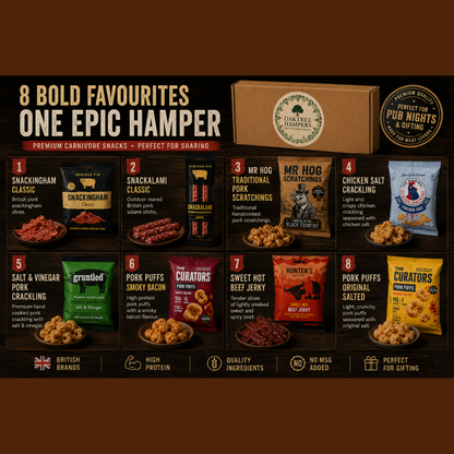 Carnivore Snacks Hamper | 8 Assorted Pub Snacks Gift with Pork Crackling, Salami Sticks, Chicken Crackling & Curators Pork Puffs