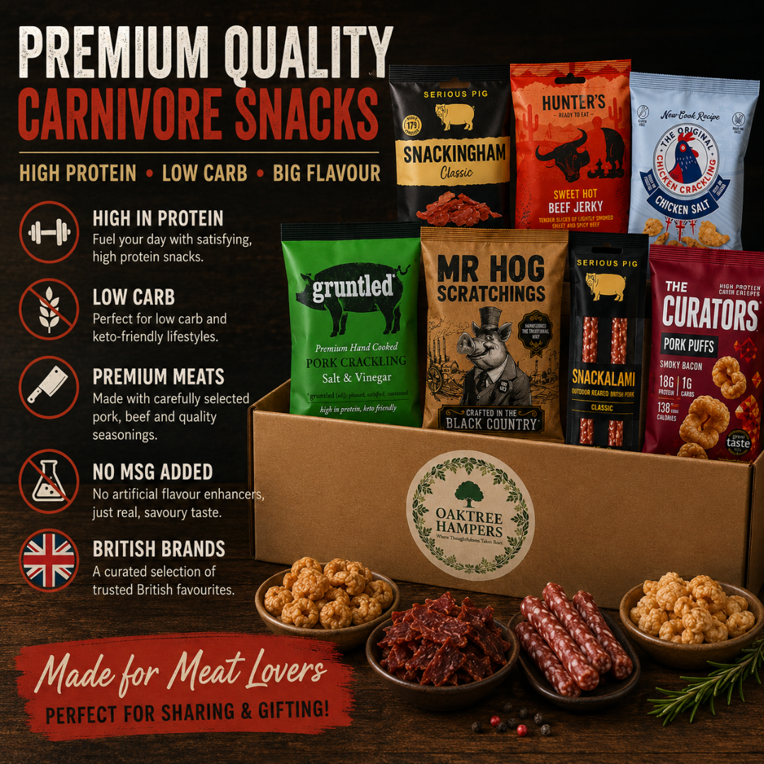 Carnivore Snacks Hamper | 8 Assorted Pub Snacks Gift with Pork Crackling, Salami Sticks, Chicken Crackling & Curators Pork Puffs
