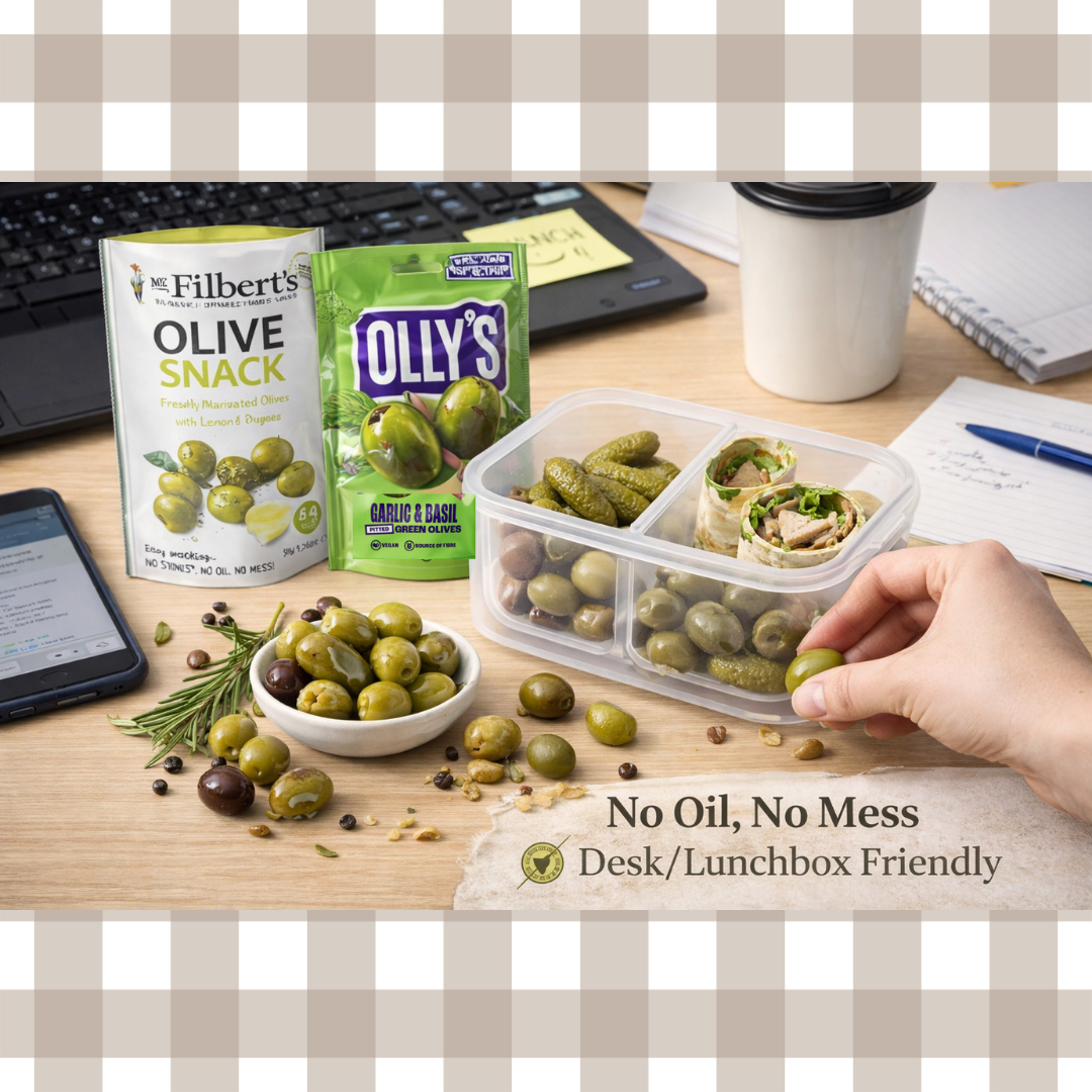 Olives & Snacking Pickles Variety Pack - 8 Premium Healthy Snacks for Adults Savoury Snacks with Ollys Olives & Serious Pig Snacking Pickles | Briny Snack Selection Box | No Oil No Mess Olive Gift Set