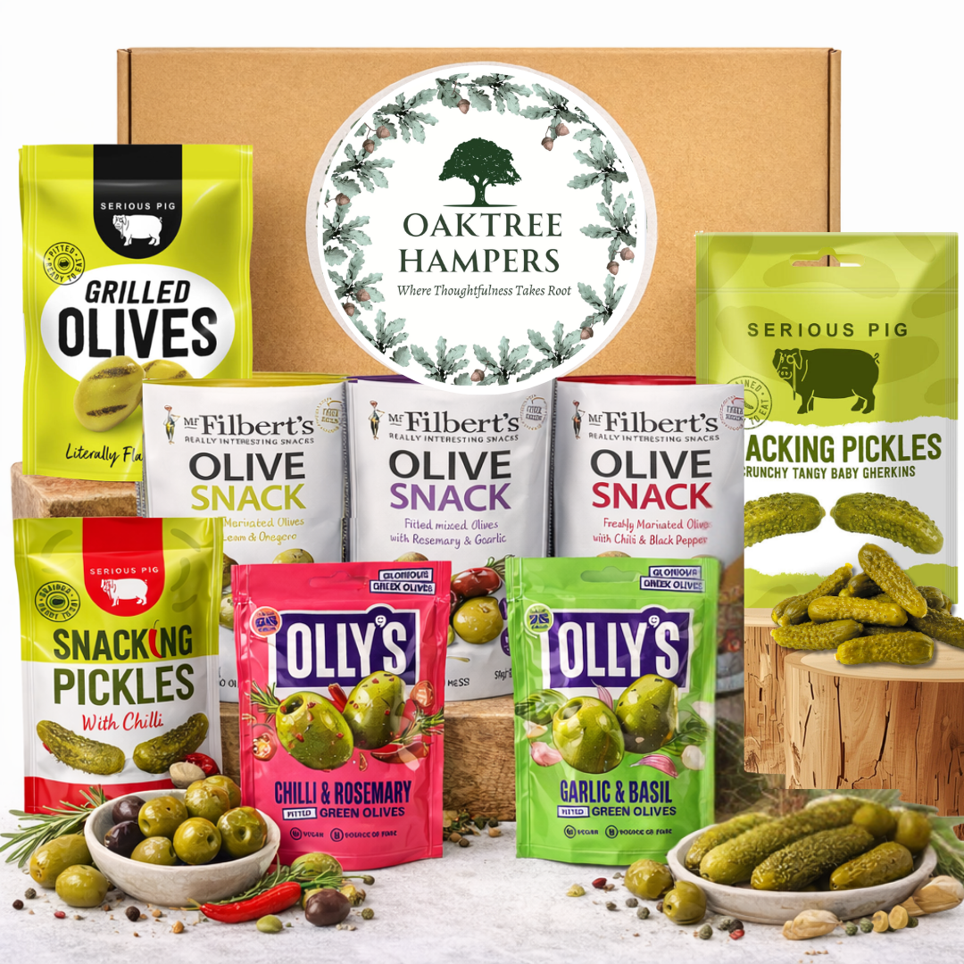 Olives & Snacking Pickles Variety Pack - 8 Premium Healthy Snacks for Adults Savoury Snacks with Ollys Olives & Serious Pig Snacking Pickles | Briny Snack Selection Box | No Oil No Mess Olive Gift Set