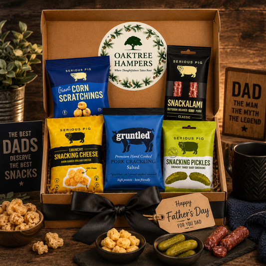 Savoury Snacks Hamper Gift Set with Pork Crackling, Snacking Pickles Gherkins, Snacking Cheese Crisps & Snackalami -  Pub SnacksTreat Box & Beer Snacks Gift Set for Men