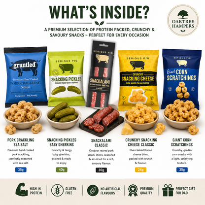 Savoury Snacks Hamper Gift Set with Pork Crackling, Snacking Pickles Gherkins, Snacking Cheese Crisps & Snackalami -  Pub SnacksTreat Box & Beer Snacks Gift Set for Men