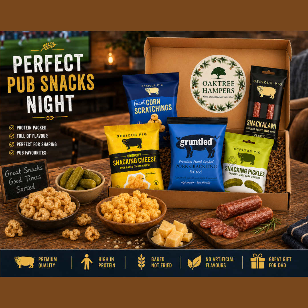 Savoury Snacks Hamper Gift Set with Pork Crackling, Snacking Pickles Gherkins, Snacking Cheese Crisps & Snackalami -  Pub SnacksTreat Box & Beer Snacks Gift Set for Men