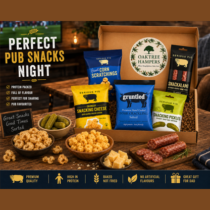 Savoury Snacks Hamper Gift Set with Pork Crackling, Snacking Pickles Gherkins, Snacking Cheese Crisps & Snackalami -  Pub SnacksTreat Box & Beer Snacks Gift Set for Men