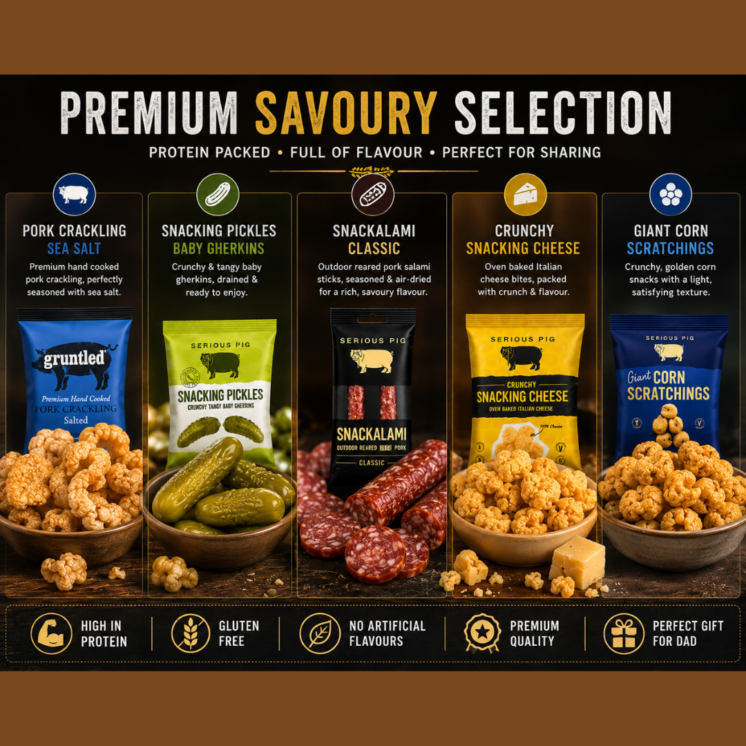 Savoury Snacks Hamper Gift Set with Pork Crackling, Snacking Pickles Gherkins, Snacking Cheese Crisps & Snackalami -  Pub SnacksTreat Box & Beer Snacks Gift Set for Men