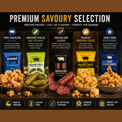 Savoury Snacks Hamper Gift Set with Pork Crackling, Snacking Pickles Gherkins, Snacking Cheese Crisps & Snackalami -  Pub SnacksTreat Box & Beer Snacks Gift Set for Men