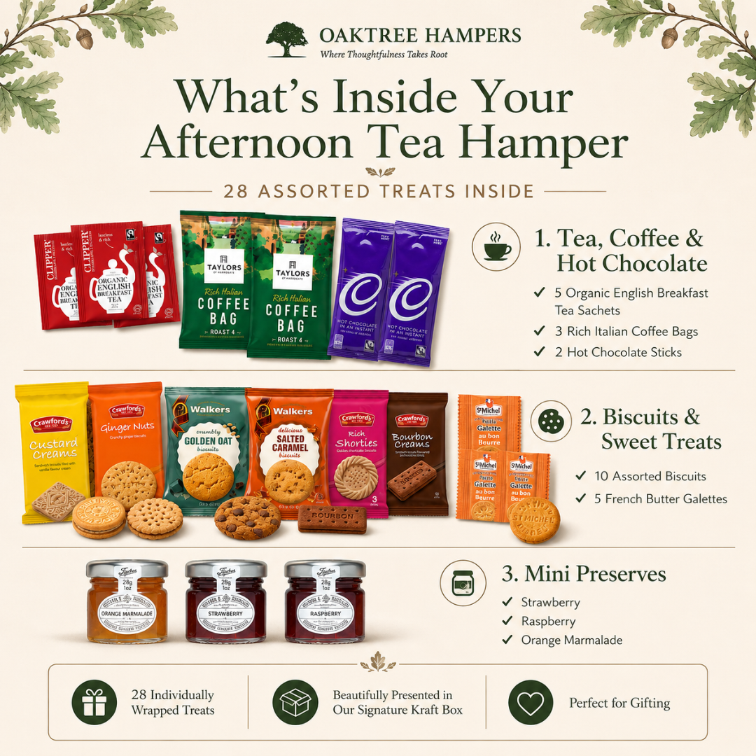 Afternoon Tea Hamper with Walker Biscuits, Preserves, Coffee Bags and Hot Choc | Total of 28 Assorted Tea and Biscuits Gift Set