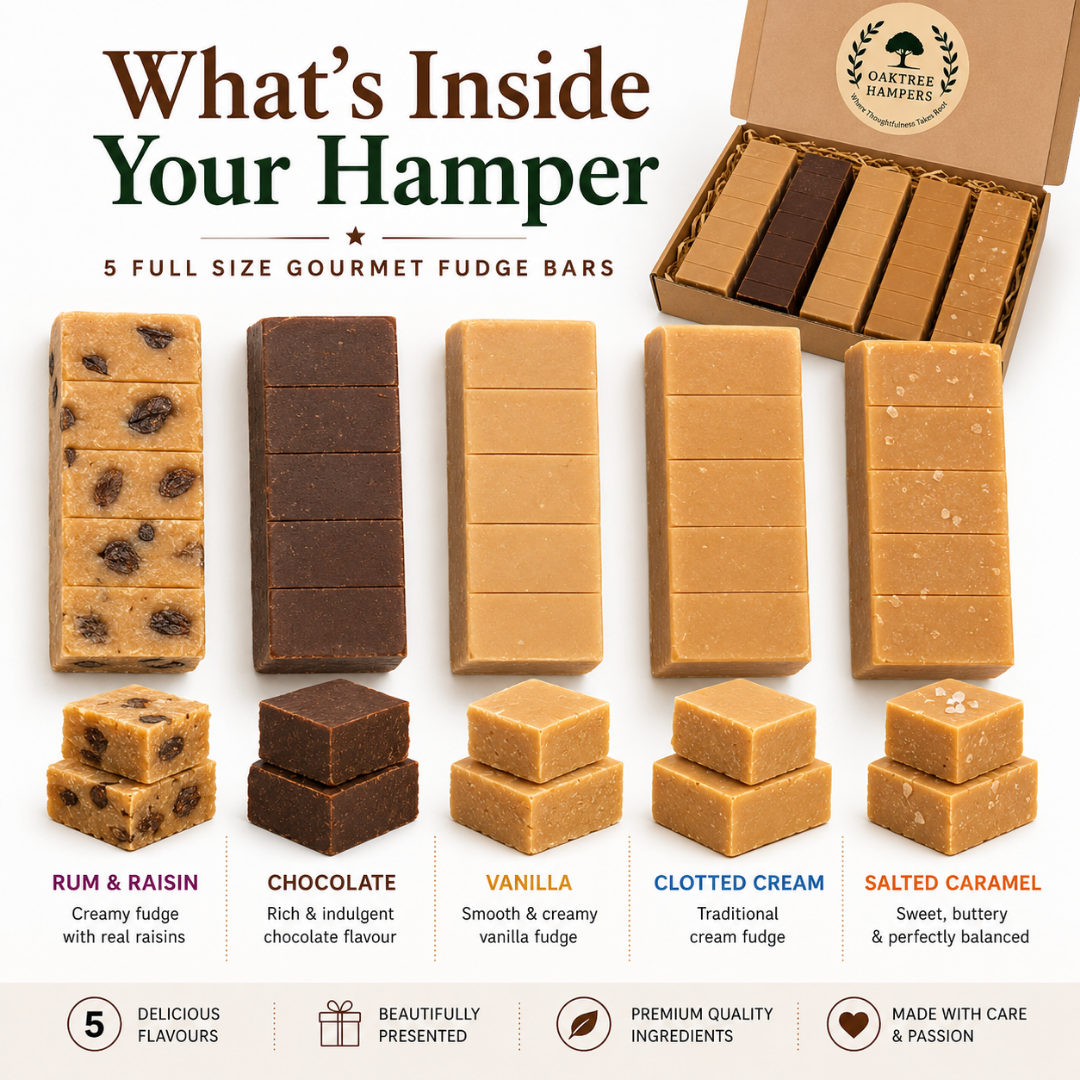 Premium Fudge Gift Set of 5 Assorted Full Size Fudge Bars Including Rum and Raisin Fudge, Clotted Cream, Chocolate, Vanilla & Salted Caramel | Fudge Hamper Gift Box for Men & Women