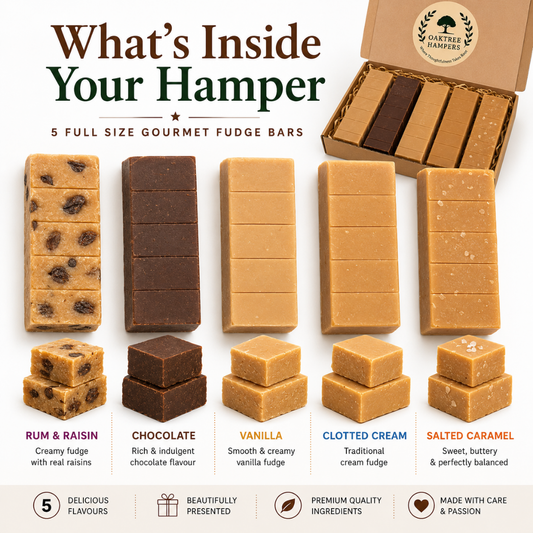 Premium Fudge Gift Set of 5 Assorted Full Size Fudge Bars Including Rum and Raisin Fudge, Clotted Cream, Chocolate, Vanilla & Salted Caramel | Fudge Hamper Gift Box for Men & Women