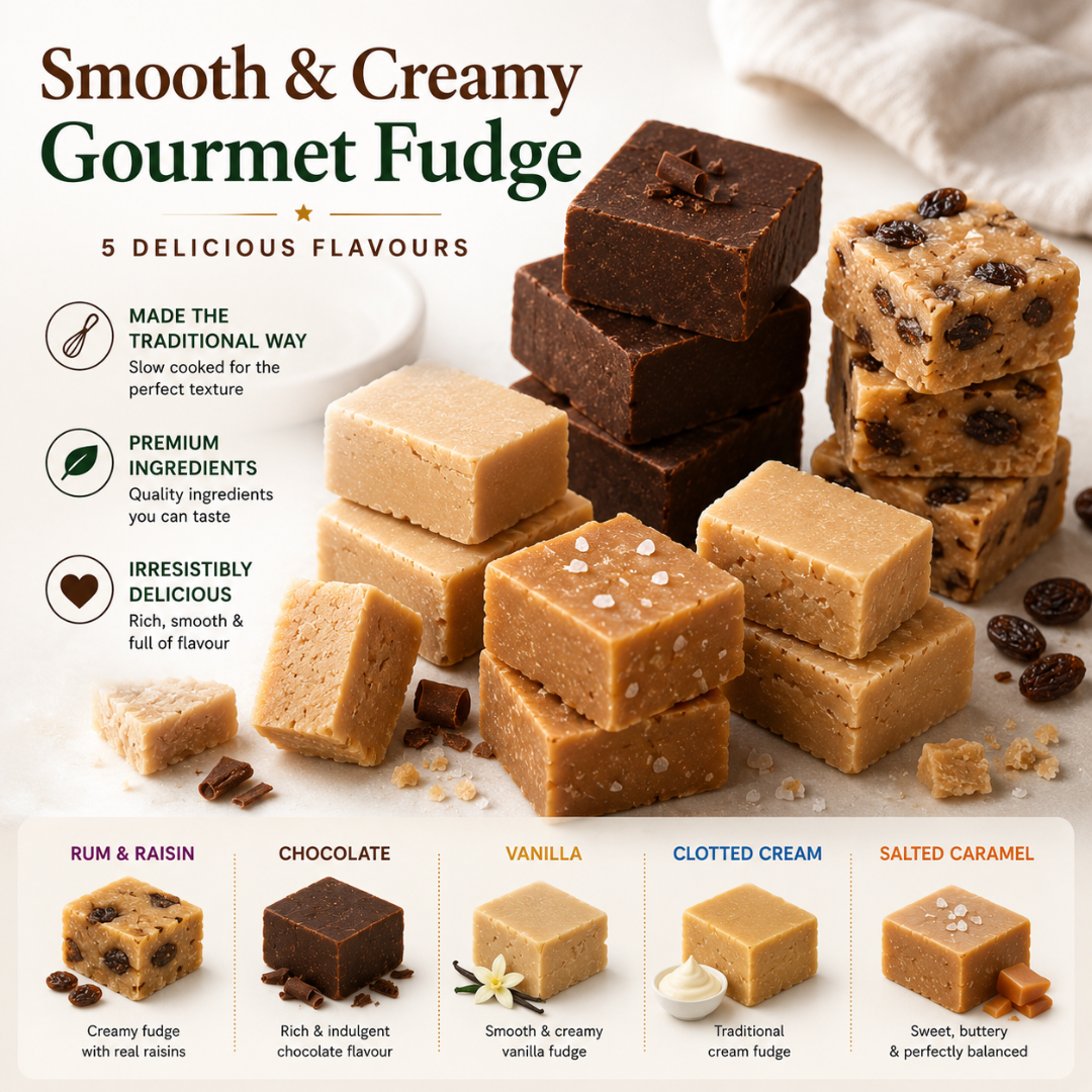 Premium Fudge Gift Set of 5 Assorted Full Size Fudge Bars Including Rum and Raisin Fudge, Clotted Cream, Chocolate, Vanilla & Salted Caramel | Fudge Hamper Gift Box for Men & Women
