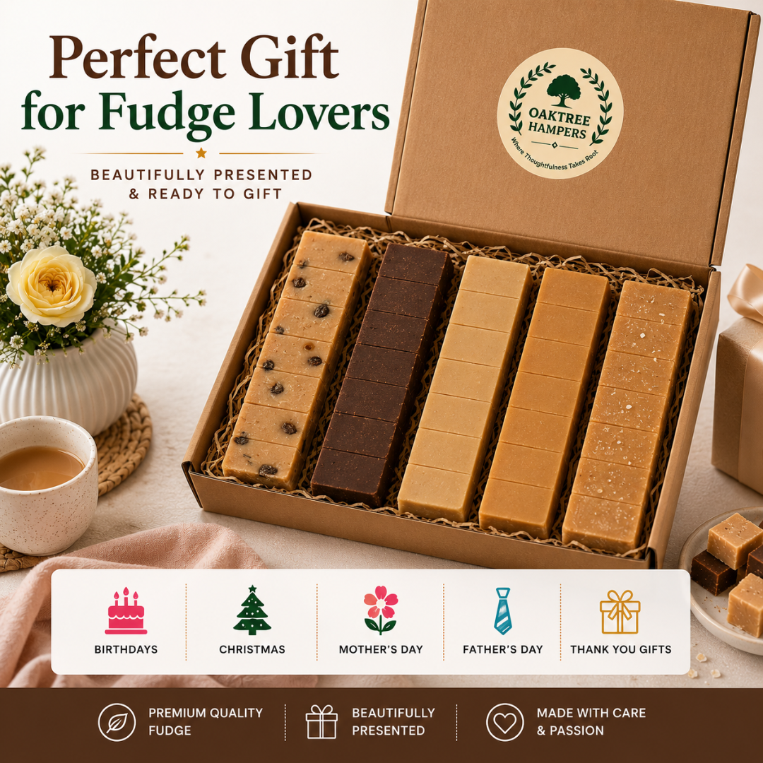 Premium Fudge Gift Set of 5 Assorted Full Size Fudge Bars Including Rum and Raisin Fudge, Clotted Cream, Chocolate, Vanilla & Salted Caramel | Fudge Hamper Gift Box for Men & Women