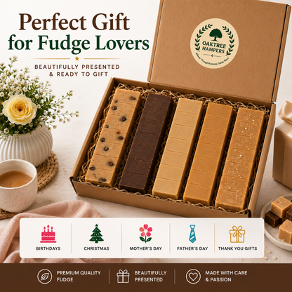 Premium Fudge Gift Set of 5 Assorted Full Size Fudge Bars Including Rum and Raisin Fudge, Clotted Cream, Chocolate, Vanilla & Salted Caramel | Fudge Hamper Gift Box for Men & Women
