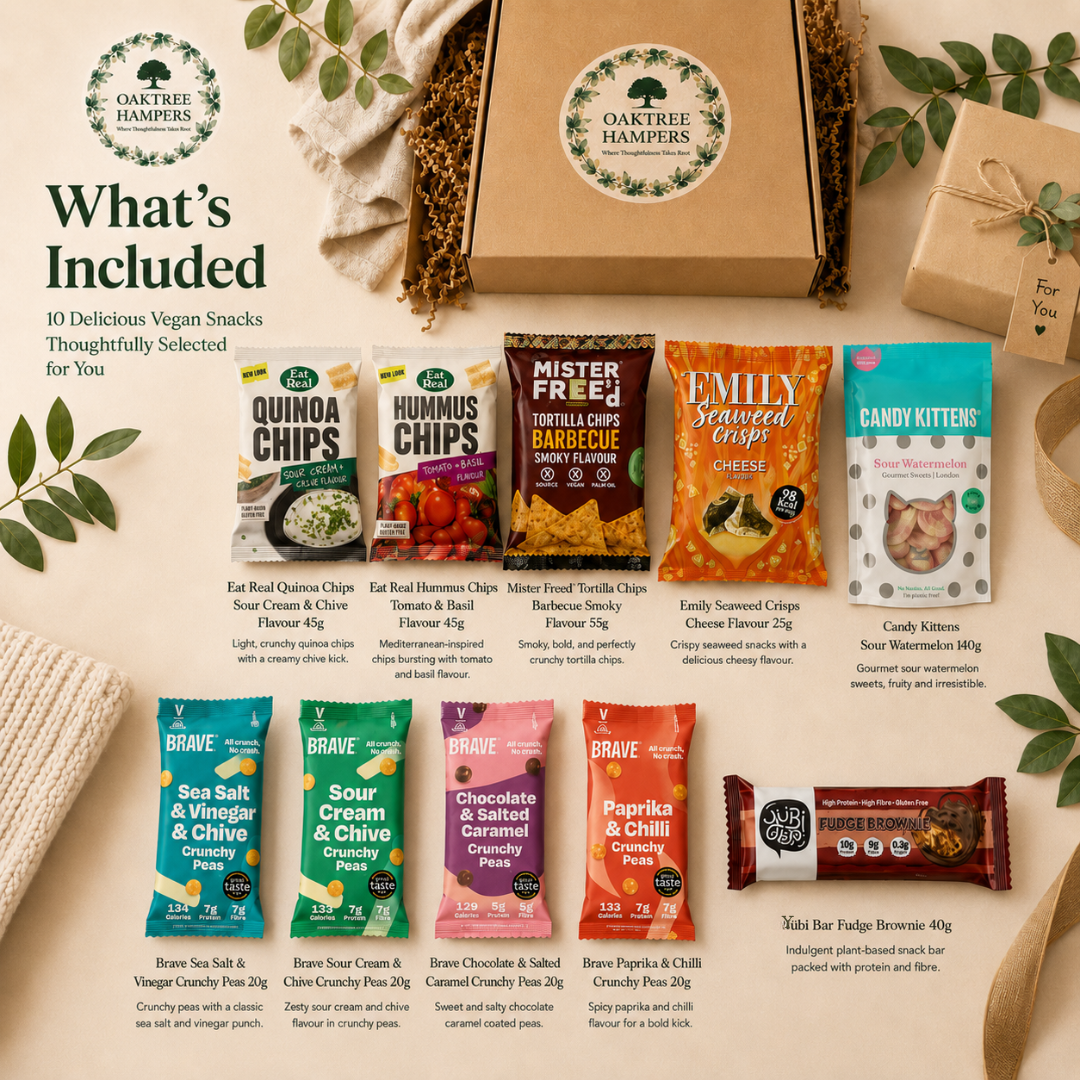 Premium Vegan Hamper Snack Box of Assorted Vegan Treats, Savoury Crisps and Sweets Ð 10 Delicious & Healthy Snacks Gift Box for Christmas, Birthday, Veganuary