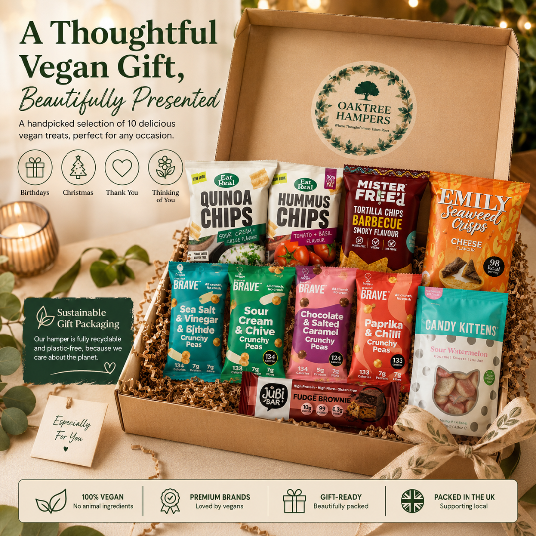 Premium Vegan Hamper Snack Box of Assorted Vegan Treats, Savoury Crisps and Sweets Ð 10 Delicious & Healthy Snacks Gift Box for Christmas, Birthday, Veganuary