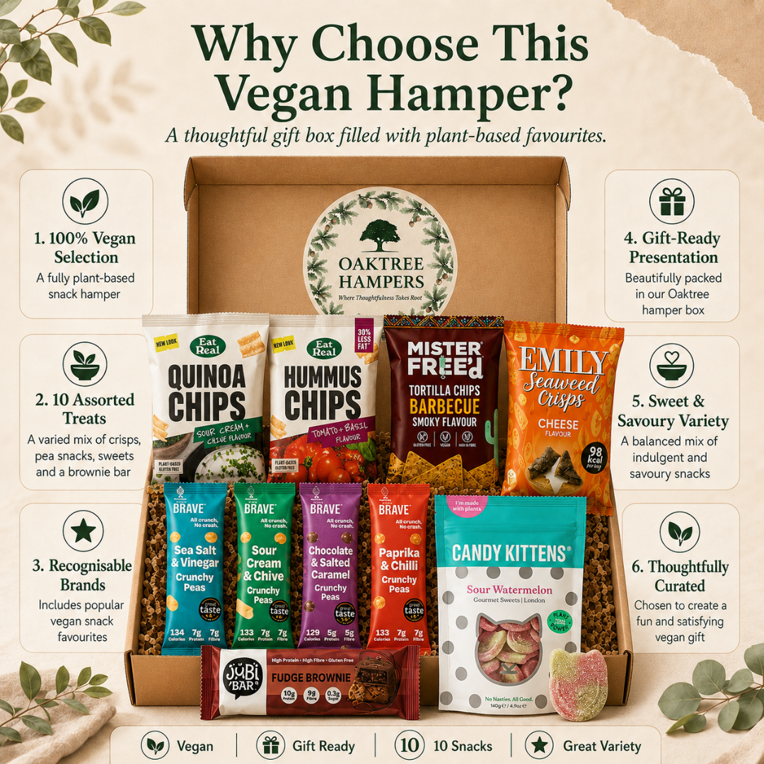 Premium Vegan Hamper Snack Box of Assorted Vegan Treats, Savoury Crisps and Sweets Ð 10 Delicious & Healthy Snacks Gift Box for Christmas, Birthday, Veganuary