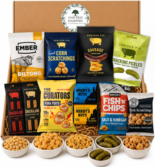 Savoury Snacks Hamper Gift Set – Beef Biltong Jerky, Pork Scratchings, Snacking Pickles, Pork Puffs, Nobbys Nuts & Snackalami | Carnivore Snacks | Dad Hamper for Father's Day | Pub Snacks Hamper