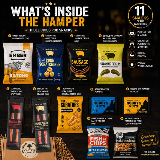 Savoury Snacks Hamper Gift Set – Beef Biltong Jerky, Pork Scratchings, Snacking Pickles, Pork Puffs, Nobbys Nuts & Snackalami | Carnivore Snacks | Dad Hamper for Father's Day | Pub Snacks Hamper